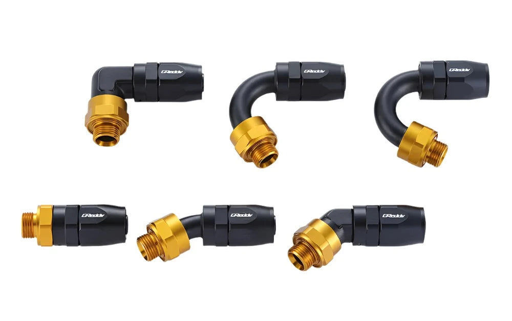 GReddy proprietary M18 x P1.5 O-ring direct -10 male Swivel Hose End(s) - Black / Gold anodized