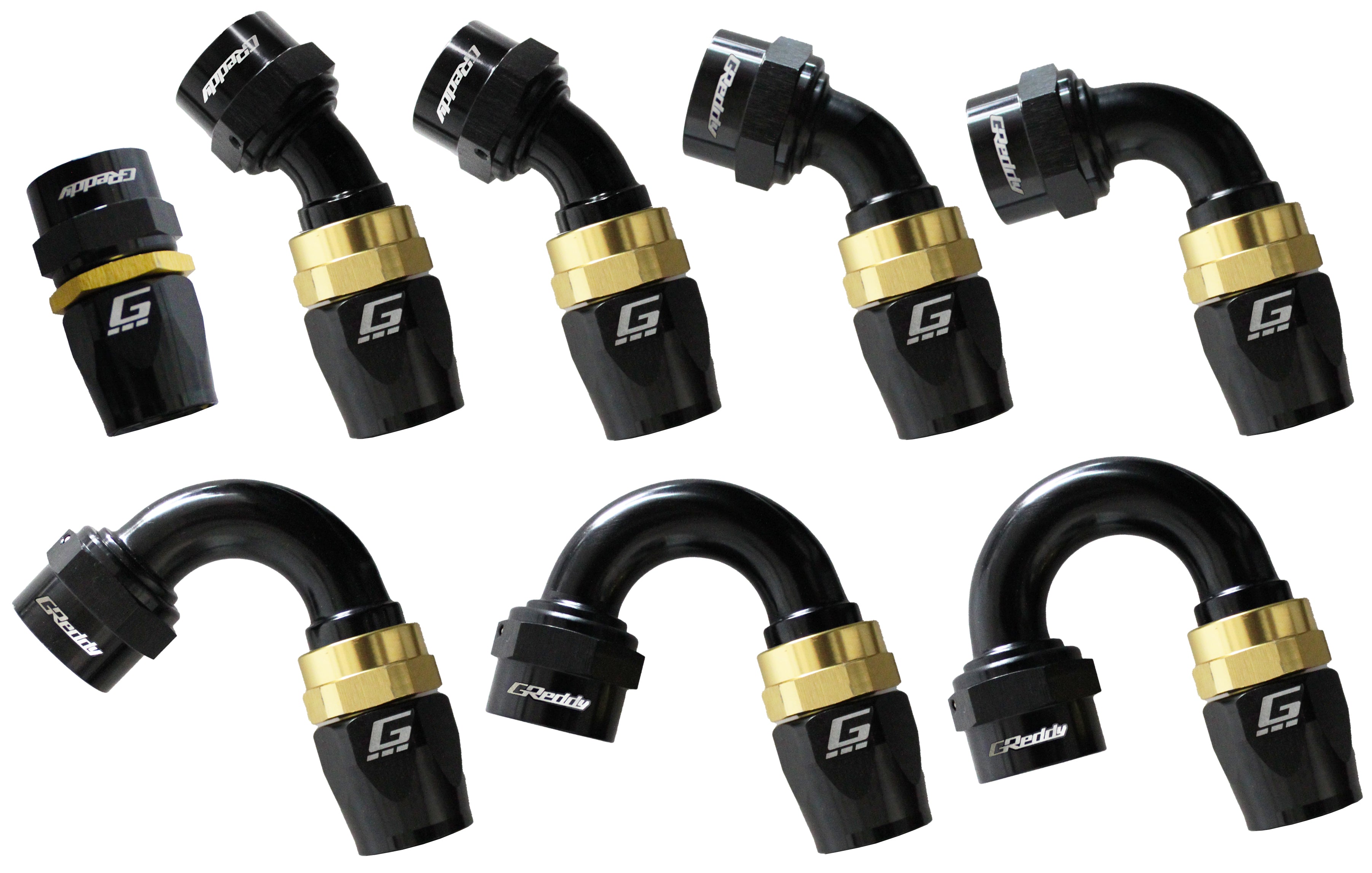 GREDDY 45 DEG. AN HOSE END(s) - BLACK/GOLD - (12800445 12800645 12800845 12801045 12801245 12801645)